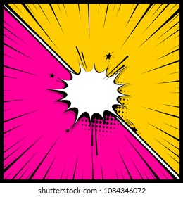 Box Speech Bubble Balloon. Comics Book Empty Colored Template Background. Pop Art Colorful Backdrop Mock Up. Vector Illustration Halftone Dot Chat Mockup Versus Comic Text. Silhouette Boom Explosion.