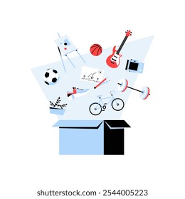  Box Of Sports And Hobby Equipment Including Guitar, Basketball, And Bicycle In Flat Vector Illustration Symbolizing Recreation, Sports, And Leisure, Isolated On White Background
