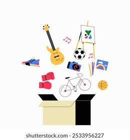 Caixa Com Esportes, Música E Equipamentos De Arte Em Ilustração De Vetor Plano Simbolizando Hobbies Criativos, Esportes E Lazer, Isolados Em Fundo Branco