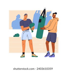 Box sportsman in boxing gloves training with punching bag. Professional sport trainer helps, supports boxer. Friends do workout in gym together. Flat isolated vector illustration on white background