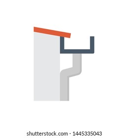Box or square style gutter vector icon. Also call rain gutter or eavestrough. Include roof, downpipe or downspout and pipeline for water drainage system to protect building from rainwater falling.