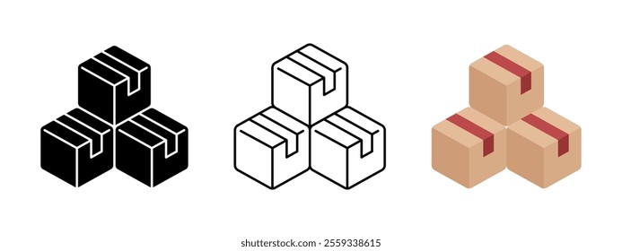 Box stack icon. Cargo delivery symbol. Cardboard box parcel storage vector illustration. Logistic transportation sign. Paper and wooden box shipping pictogram. Crate distribution isolated concept.