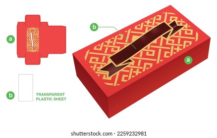 Box with stenciled luxury pattern and ribbon window die cut template and 3D mockup
