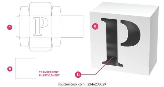 Box with stenciled P alphabet window die cut template