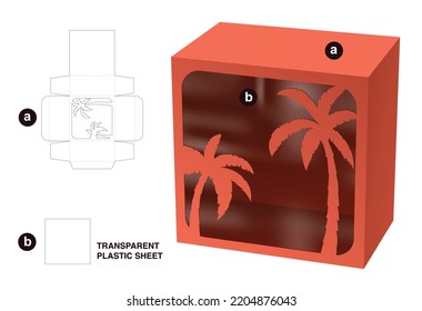 Box with stenciled palm window die cut template and 3D mockup