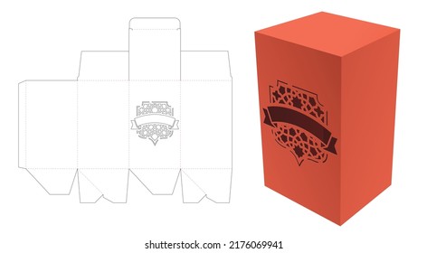 Box with stenciled pattern and ribbon die cut template and 3D mockup