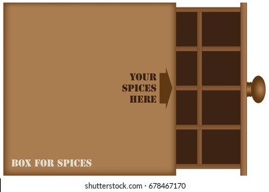 A box for storing spices with drawers is divided into cells.