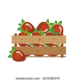 Box with strawberries, wooden, fruits, fresh, natural, vector.