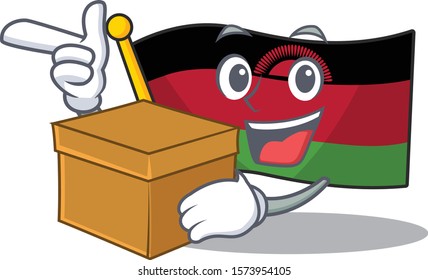 With box Super Funny flag malawi cartoon character style