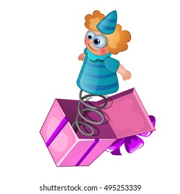 Box with a surprise in the form of a clown on a spring isolated on a white background. Vector illustration.