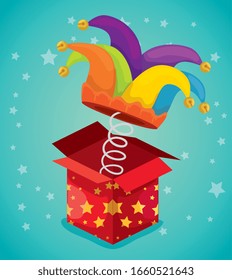 box surprise with hat buffoon of april fools day vector illustration design