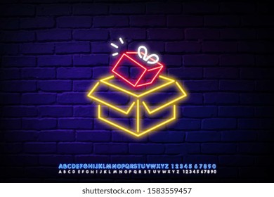 Box with Surprise neon sign vector design template. Gift with bow neon sign light banner design element colorful modern design trend, night bright advertising, bright sign. Vector illustration