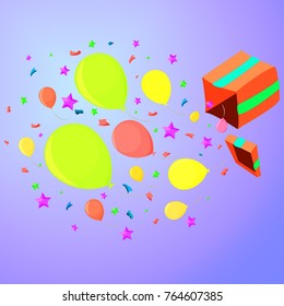 Box with a surprise at the party from which flies confetti, stars and balloons, red