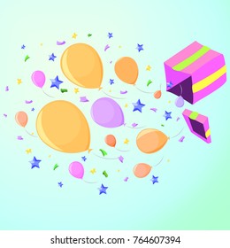 Box with a surprise at the party from which flies confetti, stars and balloons, pink