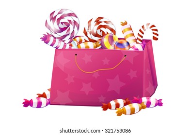 A box of sweets, candy, lollipops, candy, chocolate. Big set, pink, bright, brilliant. Without the background, on a white background.