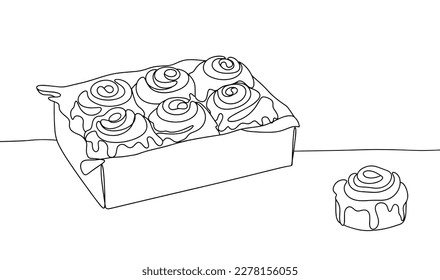 Box with synabons. Sweet treat. Bakery. Gift box with sweets. One line drawing. For different uses. Vector illustration