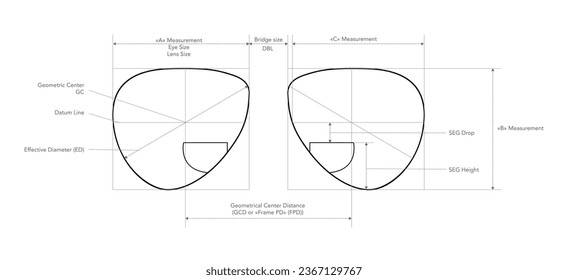Box System of Measurement of Bifocal lens glasses Eye frame fashion accessory technical illustration. Sunglass style, flat spectacles eyeglasses sketch style outline isolated on white background