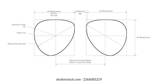 Box System of Measurement of Objektiv Brille Eye Rahmen Modezubehör technische Illustration. Sonnenbrillenstil, Brille-Brille-Skizze im Stile einzeln auf weißem Hintergrund