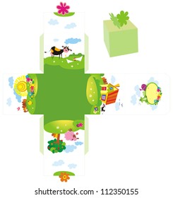 Box template. Cartoon village background with cow and color house.