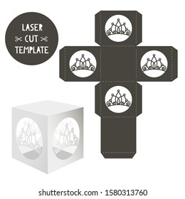 Box template with carved crown for laser cutting. 3D cubic gift box for woman. Vector stencil for plotter. 