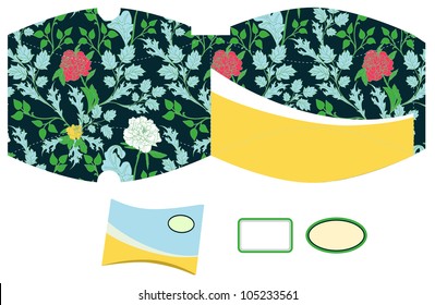 Box template. Floral pattern. Empty label.