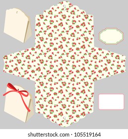 Box template. Floral pattern. Empty label.