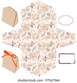 Box template. Floral pattern. Empty label.