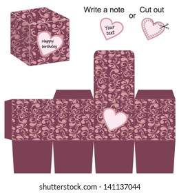 Box template with floral pattern and heart. Vector illustration.