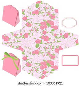 Box template. Floral pattern. Pink roses. Blank label.