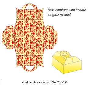 Box template with handle. Floral pattern. No glue needed.