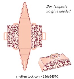 Box template with handle, no glue needed. Floral pattern. Vector illustration.