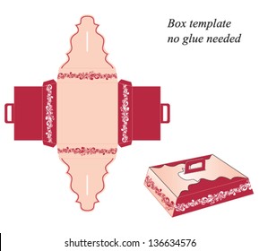 Box template with handle, no glue needed. Floral pattern. Vector illustration.