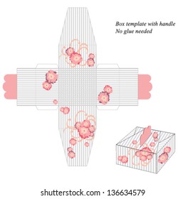 Box template with handle, no glue needed. Vector illustration with stripes and pink flowers.