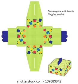 Box template with handle, no glue needed. Vector illustration with green stripes and fruit.