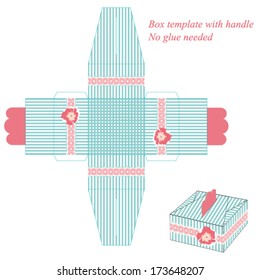 Box template with handle, no glue needed. Vector illustration with blue stripes and flower.