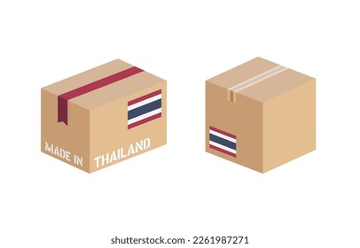 caja con conjunto de iconos de la bandera de Tailandia, paquete de entrega de cartón hecho en Tailandia