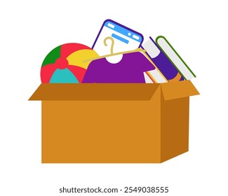 Box with things, clothes, toys. Garage sale, junk. Vector simple color flat illustration.