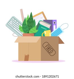 A Box With The Things Of A Dismissed Employee. The Concept Of Unemployment During A Pandemic. Flat Vector Illustration