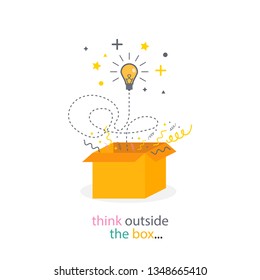 Box think outside. Light bulb line concept. Creativity idea. Think good idea. - vector illustration