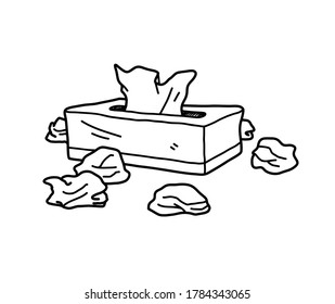 Box of tissue paper doodle, hand drawn vector doodle illustration of a box of tissue with crumpled used tissue paper around it, isolated on white background.