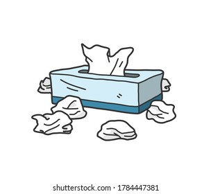 Box of tissue paper doodle, hand drawn vector doodle illustration of a box of tissue with crumpled used tissue paper around it, isolated on white background.