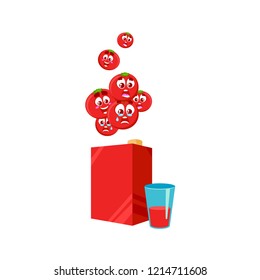 Box of tomatoes juice with glass, many tomato emotional characters, vector flat cartoon illustration isolated on white background