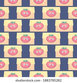 Box of tomatos , seamless pattern on a blue background.
