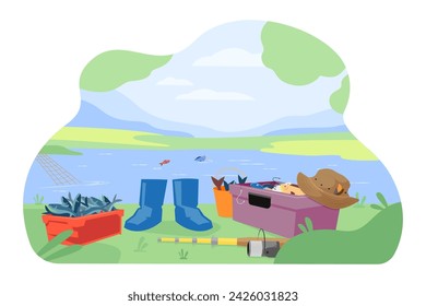 Box with tools for fishing, fishing rod, rubber boots, bucket with fish. Vector illustration. Lake with fish and fishing net. Outdoor activity, summer recreation, hobby concept