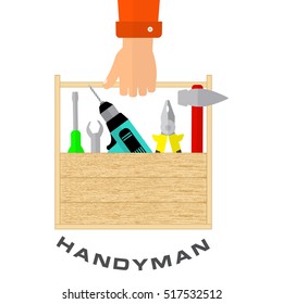 Box of tools in hand of handyman. House remodel tools. Logo home repair service. Flat style tools for building, remodel and repair.