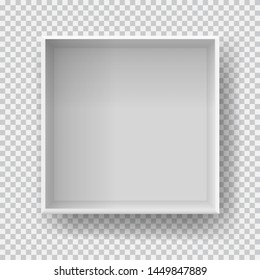 Box top view with shadow, mock up model 3D. Realistic white blank package. Cardboard paper matchbook container template. Vector illustration isolated on transparent background for design and business.