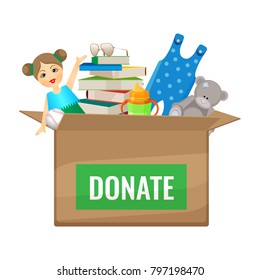 Box with toys and books to donate for children