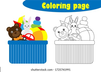 Box with toys in cartoon style, coloring page, education paper game for the development of children, kids preschool activity, printable worksheet, vector illustration