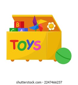 Caja con juguetes de ilustración vectorial plana. Cajas de madera y cartón con regalos, juguetes de felpa, muñecas, coches, osos de peluche para juegos infantiles. Concepto de infancia, guardería