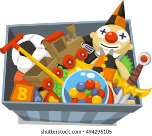 Box of Toys full of games, dolls, and letter cubes cartoon illustration